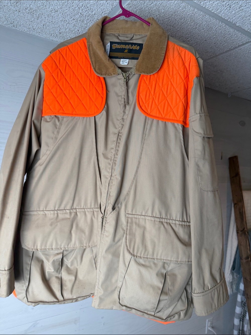 Men's Tan Field Jacket with High-Vis Orange Quilted Shoulders - Picture 2 of 16
